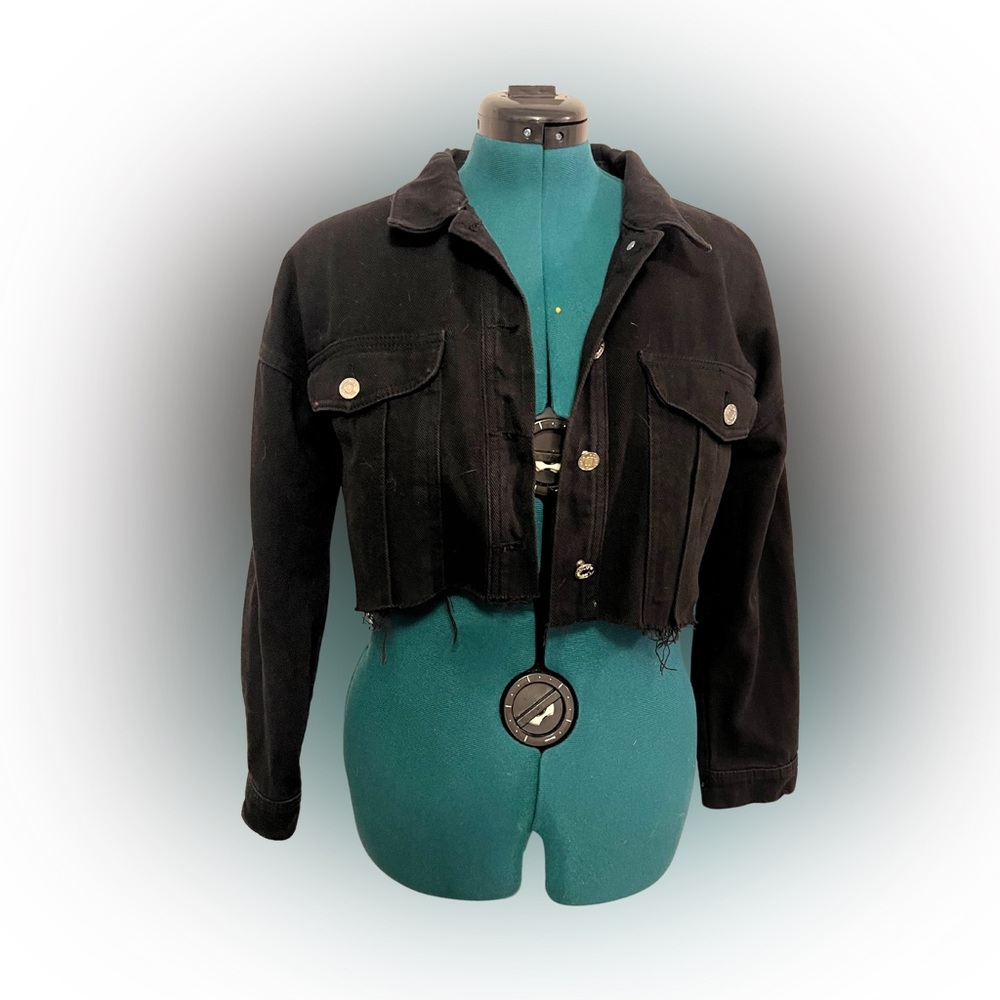 BLACK CROPPED RAW HEM PLAYBOY BUNNY JEAN JACKET